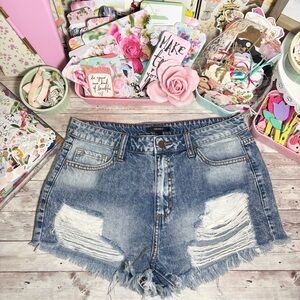 Forever 21 Distressed Denim Jean Shorts Women’s Sz.L F21 Pockets Peek Out Ripped